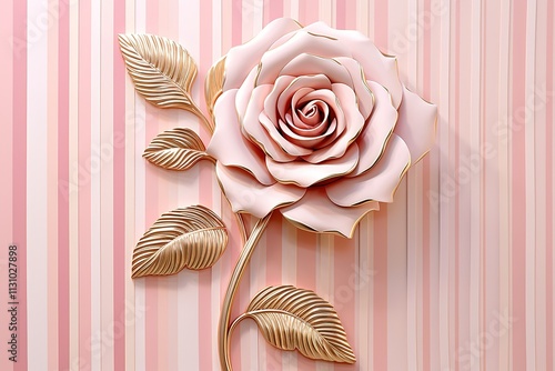 Elegant pink rose with gold leaf design on a striped background.