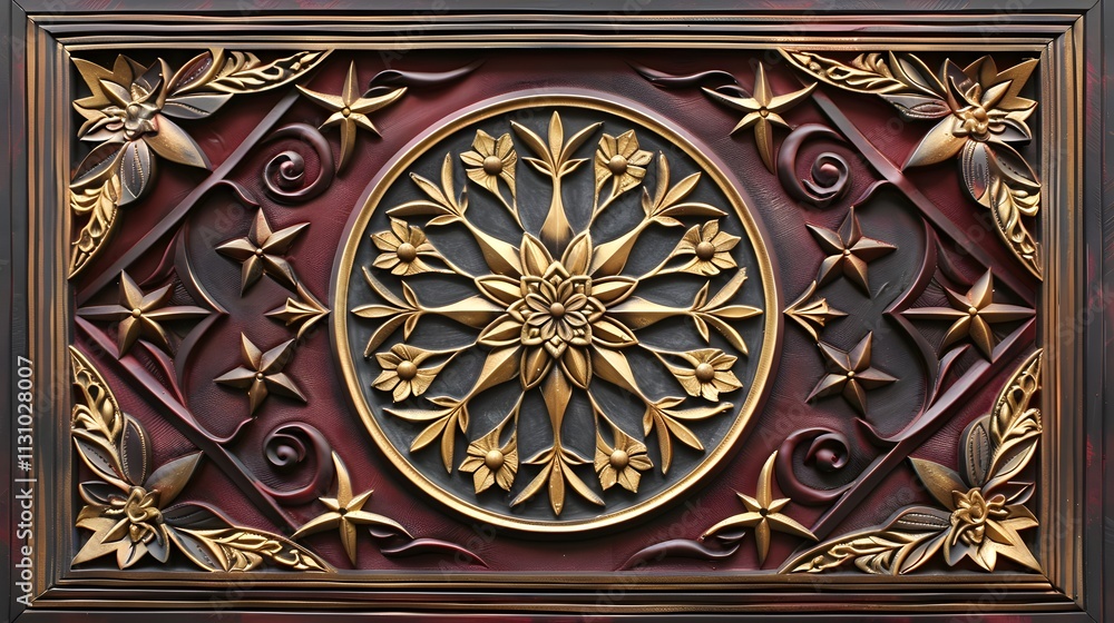 Obraz premium Ornate gold and maroon floral medallion relief.