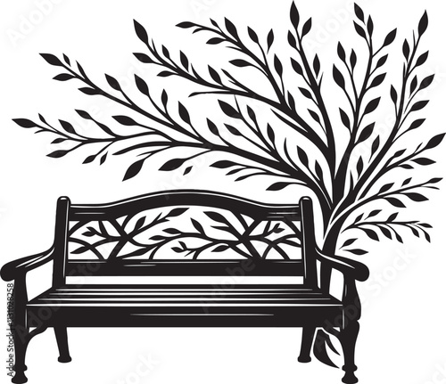 Wooden bench beside a beautiful tree branch silhouette vector illustration isolated on a white background