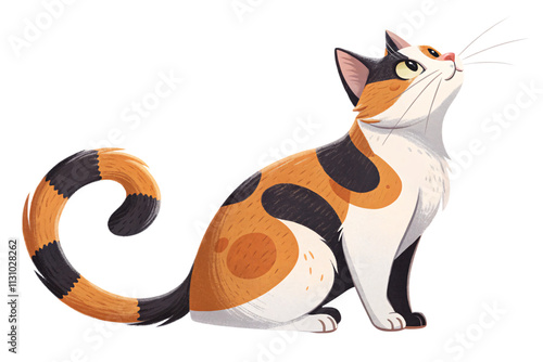 A detailed calico cat with a bushy tail and vivid patches glances upward, exuding life and character, isolated on a transparent background photo