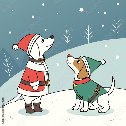 Two adorable dogs dressed in festive Christmas costumes, set against a snowy winter landscape, capturing the holiday spirit.