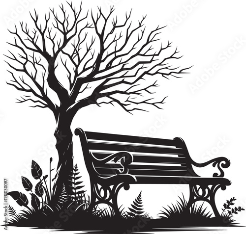 Wooden bench beside a beautiful tree branch silhouette vector illustration isolated on a white background