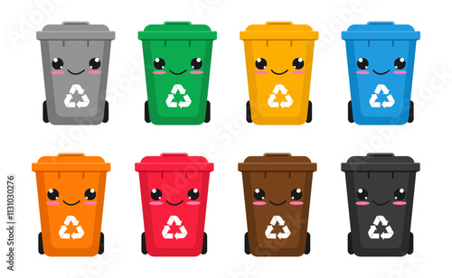 Plastic trash cans in Kawaii style. Set of vector trash cans. Isolated on a white background. Vector illustration in flat style.	