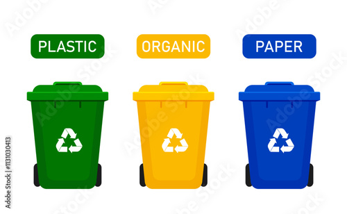 Plastic trash cans with texts. Isolated on a white background. Vector illustration in flat style.	