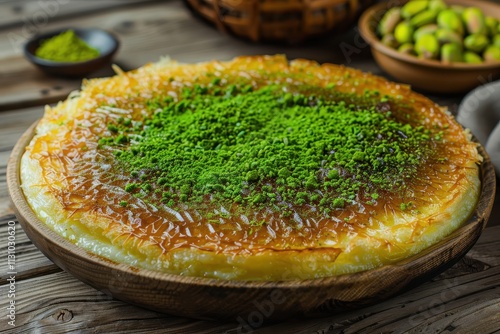 Turkish dessert kunefe with pistachio and cheese served hot and very sweet on wooden background Traditional photo