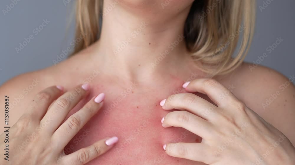 Young caucasian blonde woman with a red allergic rash on her chest scratching the skin with her hands on a dark grey background. Food allergies. Severe allergic reaction, itching