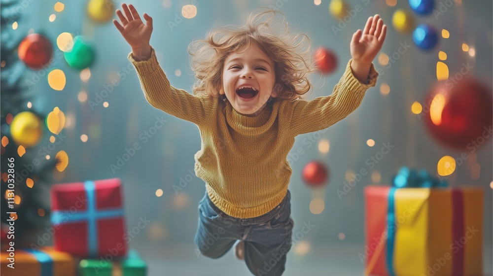 Fototapeta premium child jumping with joy after receiving a present,