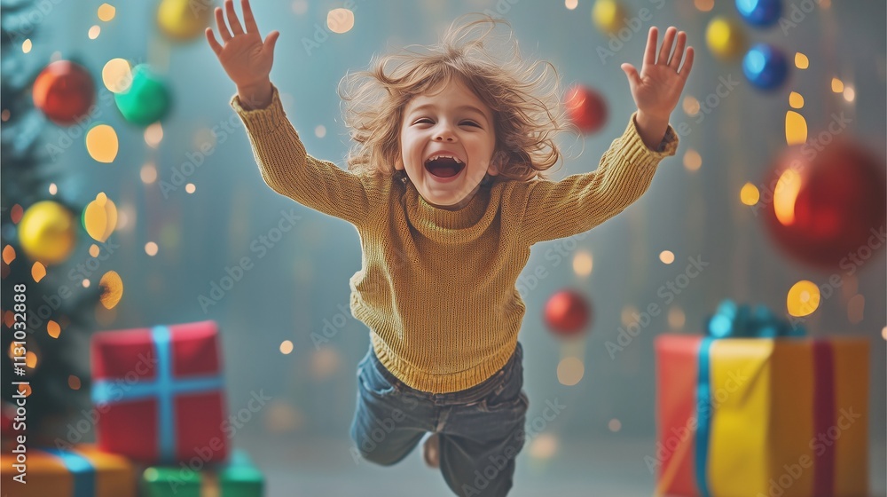 Fototapeta premium child jumping with joy after receiving a present,