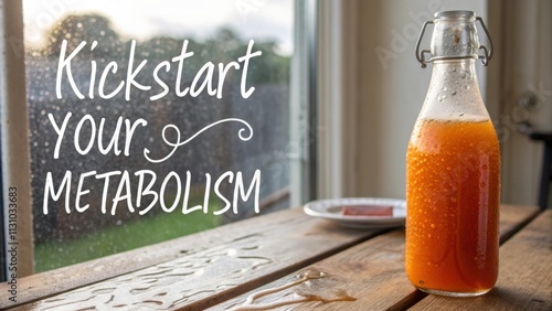 Set against a rustic wooden table a vibrant glass bottle filled with amberhued liquid catches the eye. The phrase Kickstart Your Metabolism swirls in elegant cursive photo