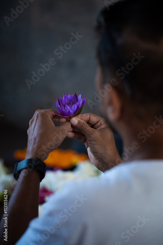 Man holding purple lotus flower in sri lanka