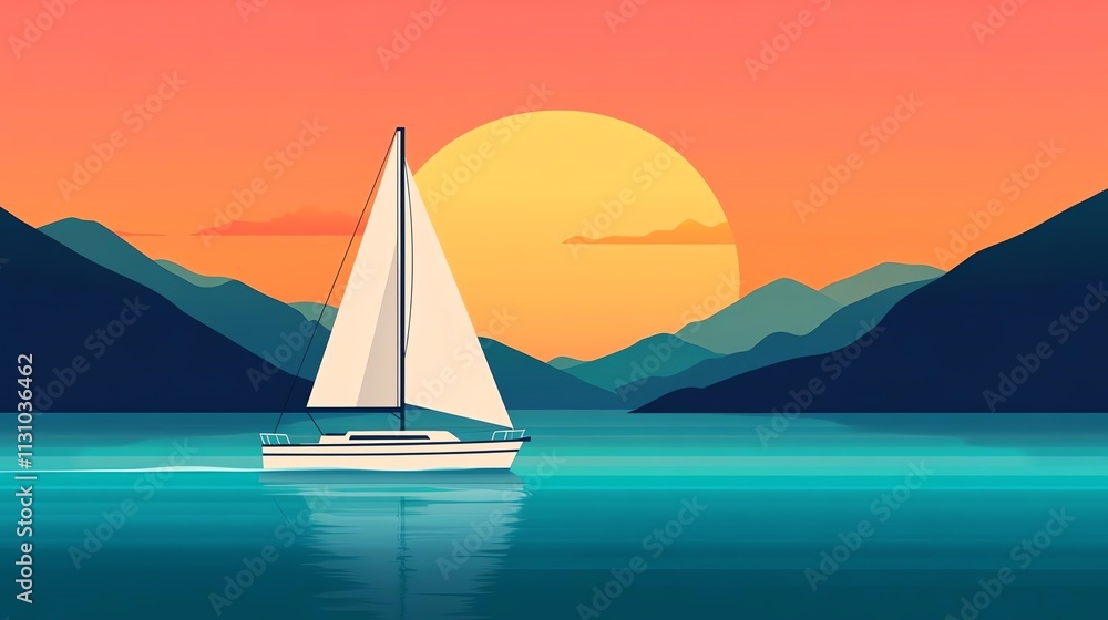 Fototapeta Sailboat sailing at sunset in serene waters.