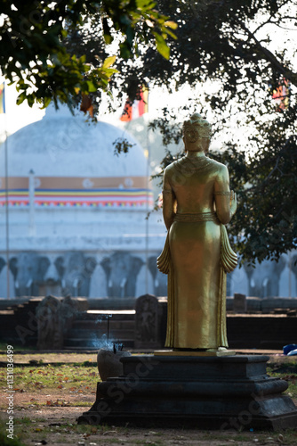 Golden buddha statue standing before white stupa in sri lanka