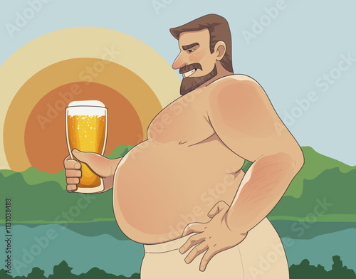 A big man drinks beer at sunset. Vector illustration. 