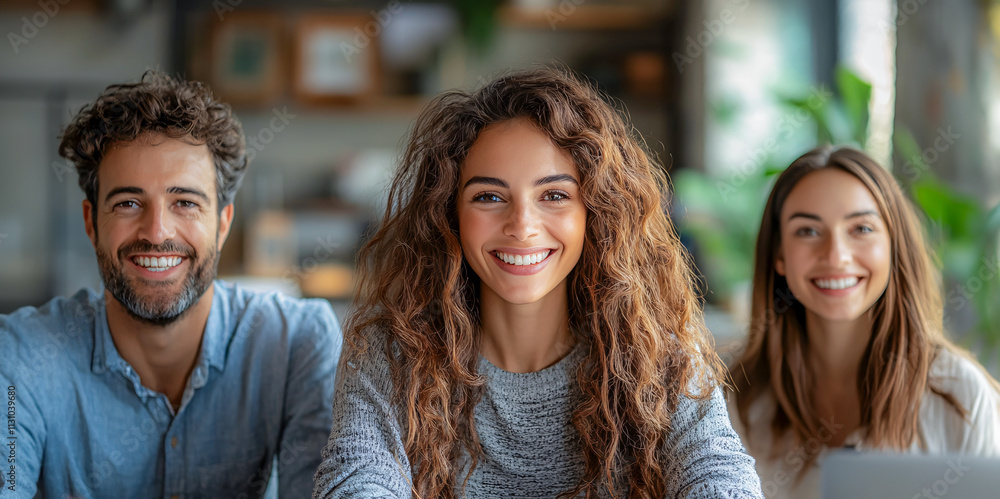 Fototapeta premium Smiling Team of Three Individuals in an Elegant Office Setting