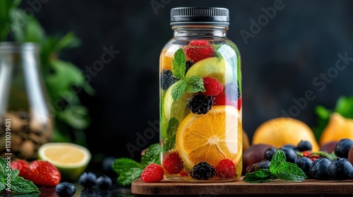 A beautifully presented detox drink with fresh fruits and herbs, served in a glass bottle for a healthy lifestyle. photo