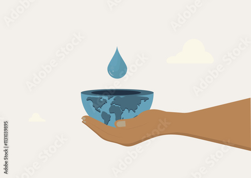 Global Water Conservation. Hand Holding Earth Bowl. hand holding Earth-shaped bowl with water droplet, symbolizing water conservation and environmental stewardship. World water day. Water management