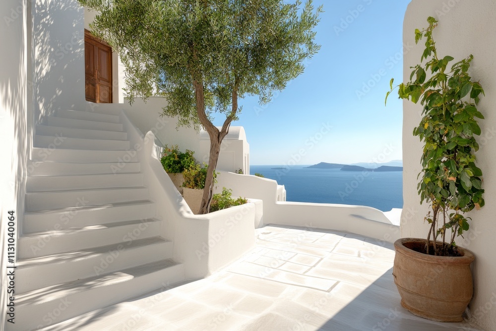 Fototapeta premium Beautiful Mediterranean courtyard features white architecture and stunning sea view at sunset