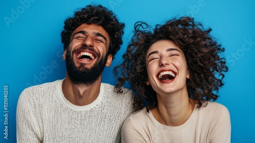 Laughing lightheartedly, best friends stand together happily in a studio. photo