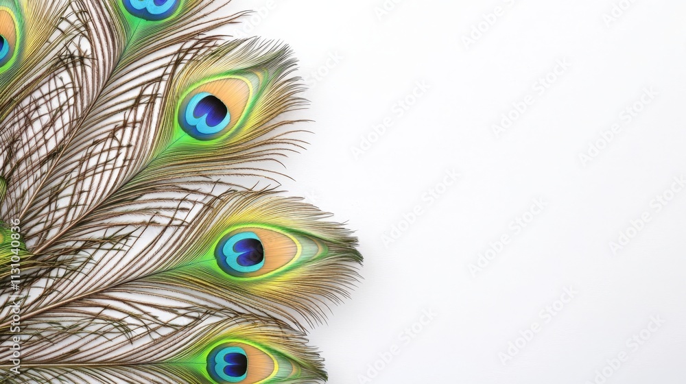 Obraz premium Watercolor texture and vibrancy, A beautiful arrangement of colorful peacock feathers showcasing vibrant hues of blue and green against a clean, white background.