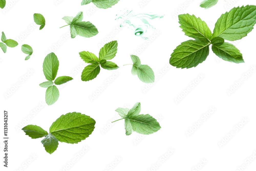 Naklejka premium A serene image of mint leaves falling gracefully through the air, captured mid-motion, isolated on white background