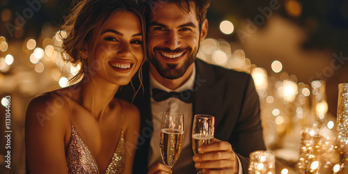 Young couple enjoying the festive season, looking at the camera and toasting, with background full of golden bokeh making a toast