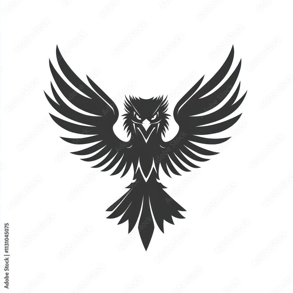 Fototapeta premium Black stylized eagle with wings spread wide, fierce expression.