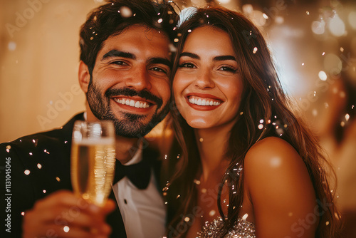 Young couple enjoying the festive season, looking at camera and toasting, with bokeh background