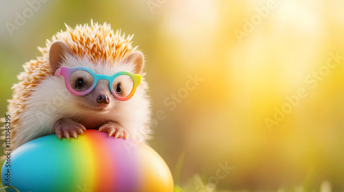 Adorable Hedgehog Wearing Glasses Sitting on a Colorful Egg in a Sunny Outdoor Setting
