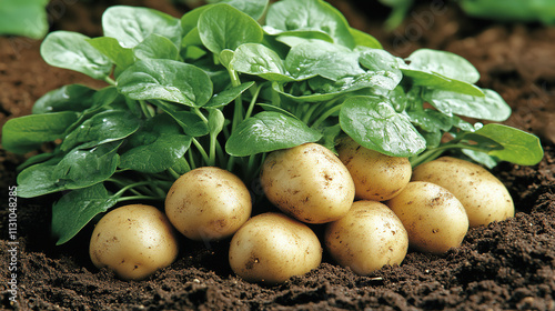 Freshly harvested potatoes nestled in rich soil with vibrant green leaves on a sunny day. Generative AI