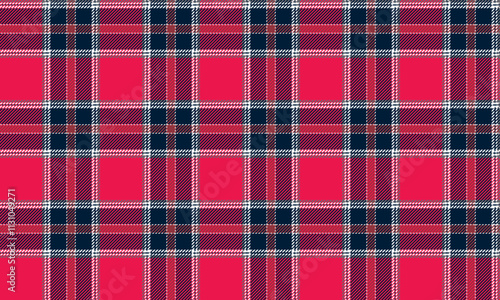 Plaid fabric pattern, pink, navy, white, bright seamless lattice cross lines pattern for textiles, and for designing clothes, skirts or decorative fabrics. Vector illustration.