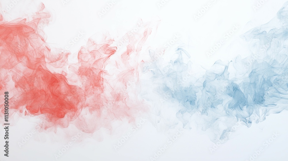 Fototapeta premium Abstract smoke in red and blue hues blending softly on a white background.