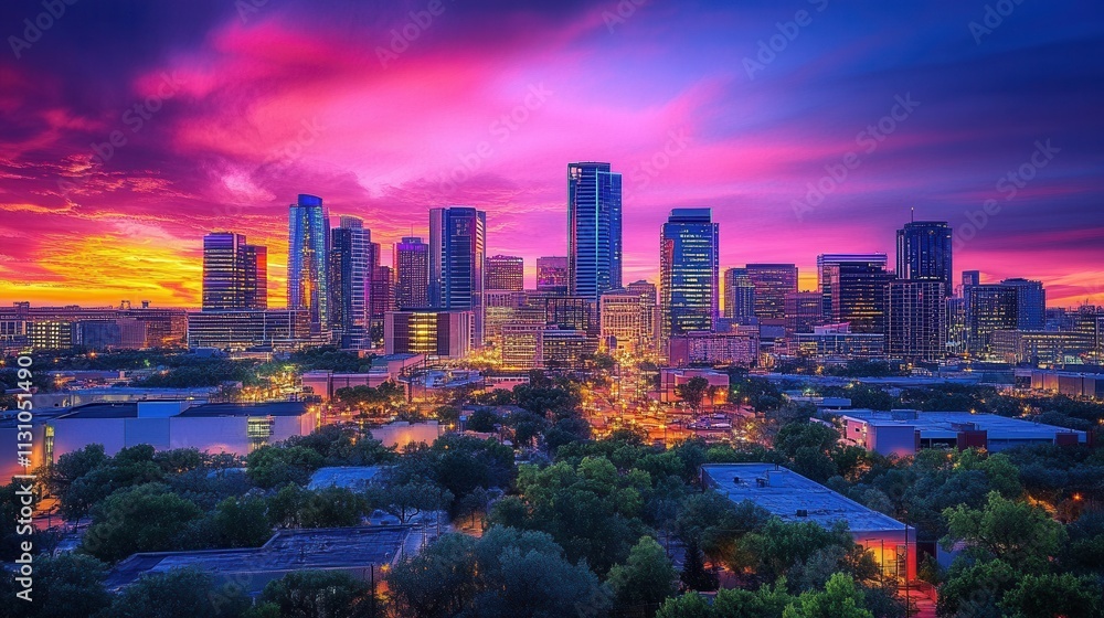 Obraz premium Vibrant Fort Worth Skyline at Sunset: Texas Cityscape Panorama