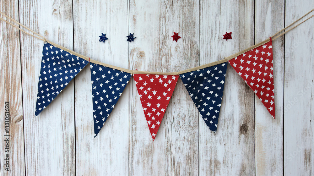 Obraz premium Decorative red and blue triangular bunting with star patterns celebrating a festive occasion at an indoor location. Generative AI