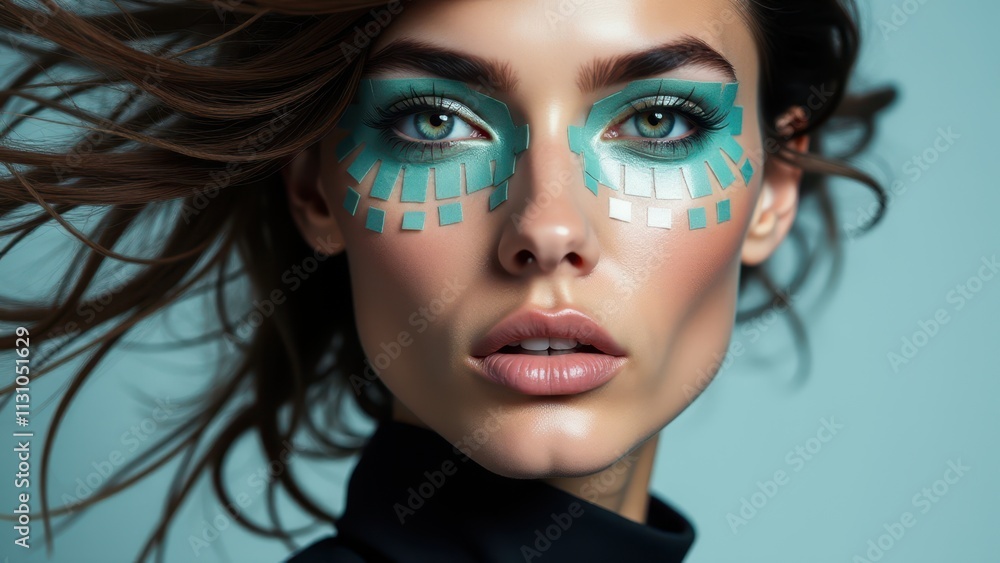Fototapeta premium Bold face body art on a woman with sleek lines, showcasing a modern and stylish design.