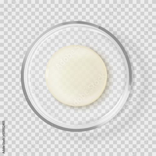 Transparent yellow serum drop skincare beauty product on petri dish isolated realistic vector illustration. Skin care and body care cosmetics laboratory tests and research