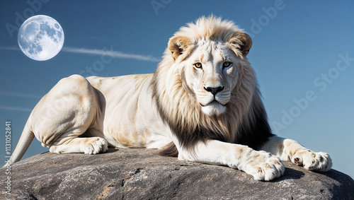 Majestic white lion resting on rock under full moon photo