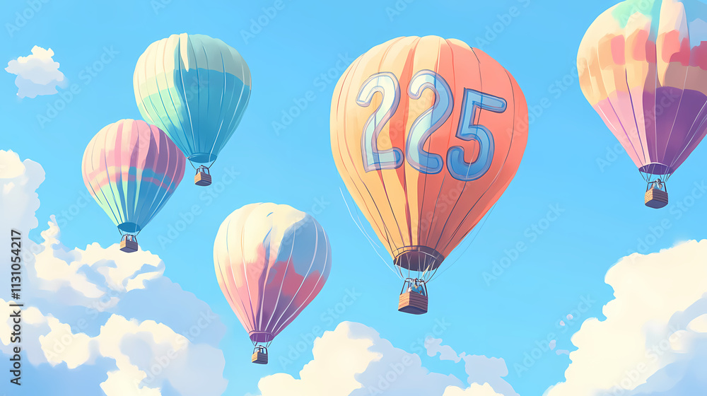 Fototapeta premium Pastel colored hot air balloons gracefully floating in a clear blue sky with the numbers emblazoned on their sides symbolizing a hopeful and inspiring future. Emblazoned. Illustration