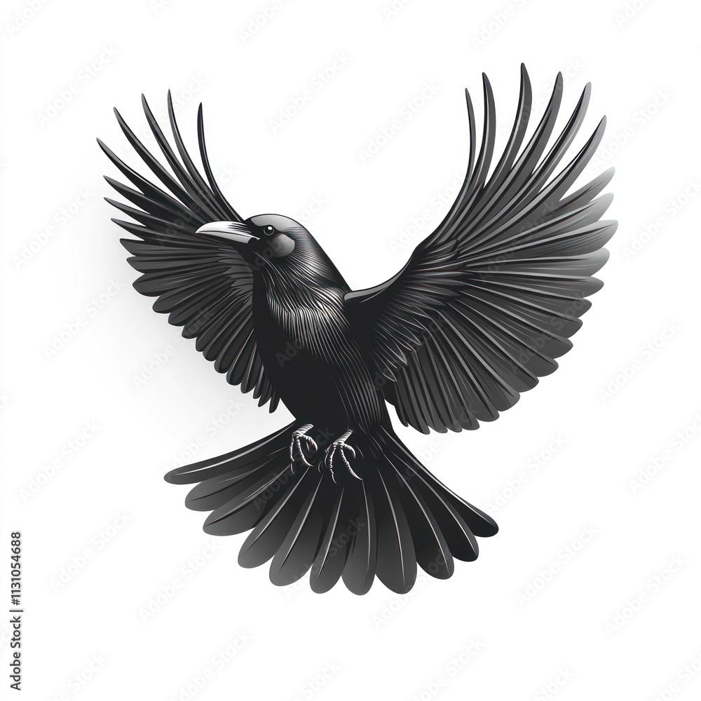 Obraz premium A stylized illustration of a black crow in flight against a white background. 