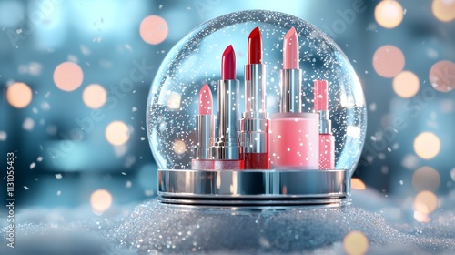 Lipsticks encased in a snow globe with sparkling lights in the background. Winter beauty and holiday makeup concept.