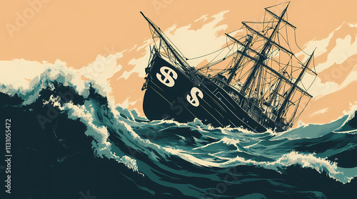 The price of greed: a ship, once laden with riches, now sinks beneath the waves, a dollar sign emblazoned on its sail, a poignant reminder of the fickle nature of fortune. Emblazoned. Illustration photo