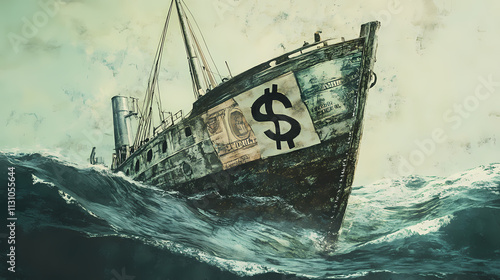 The price of greed: a ship, once laden with riches, now sinks beneath the waves, a dollar sign emblazoned on its sail, a poignant reminder of the fickle nature of fortune. Emblazoned. Illustration