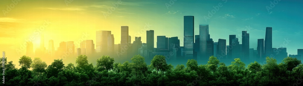 Obraz premium City skyline at sunrise, with trees in the foreground
