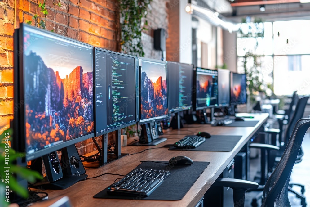 Fototapeta premium A vibrant tech workspace with multiple high-tech monitors and AR setups.