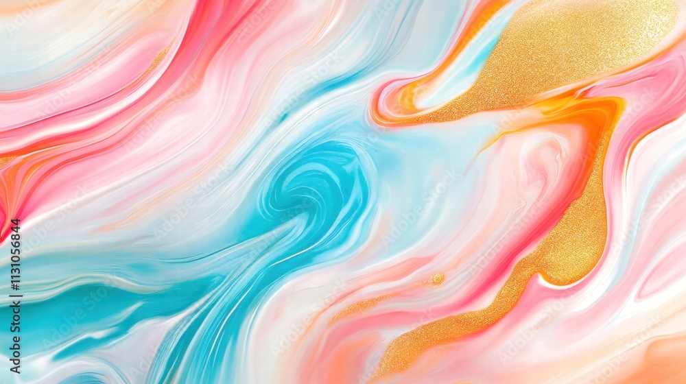 Obraz premium Colorful abstract swirl design with pink, blue, and gold tones.