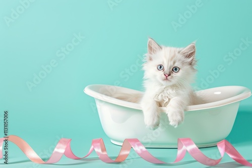 White kitten in bathtub with ribbons on aqua background photo