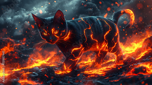 A Mystical Lava Cat Glowing with Molten Patterns in a Fiery Landscape Filled with Rivers and Ash Clouds photo