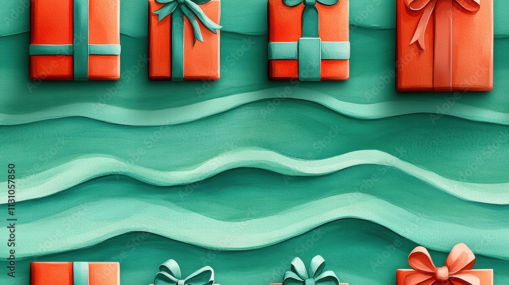 Fototapeta premium Colorful gift boxes with bows on a textured teal background.