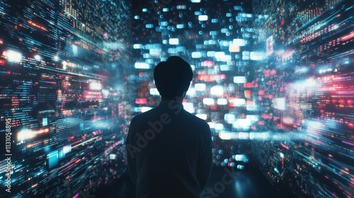 Wallpaper Mural Tech innovator programming in dark room multiscreen display digital environment futuristic viewpoint Torontodigital.ca