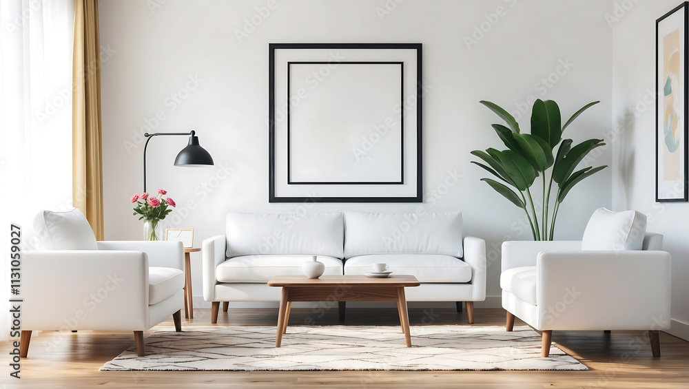 Fototapeta premium Interior of beautiful living room with cozy sofa, pictures, pampas grass and coffee table. Luxurious apartment background with contemporary design. Modern interior design.