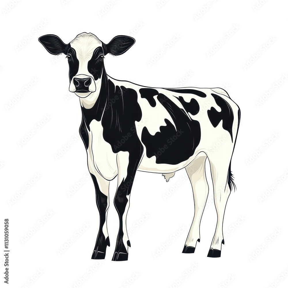 Fototapeta premium Cow illustration, black and white colors, isolated on white background.